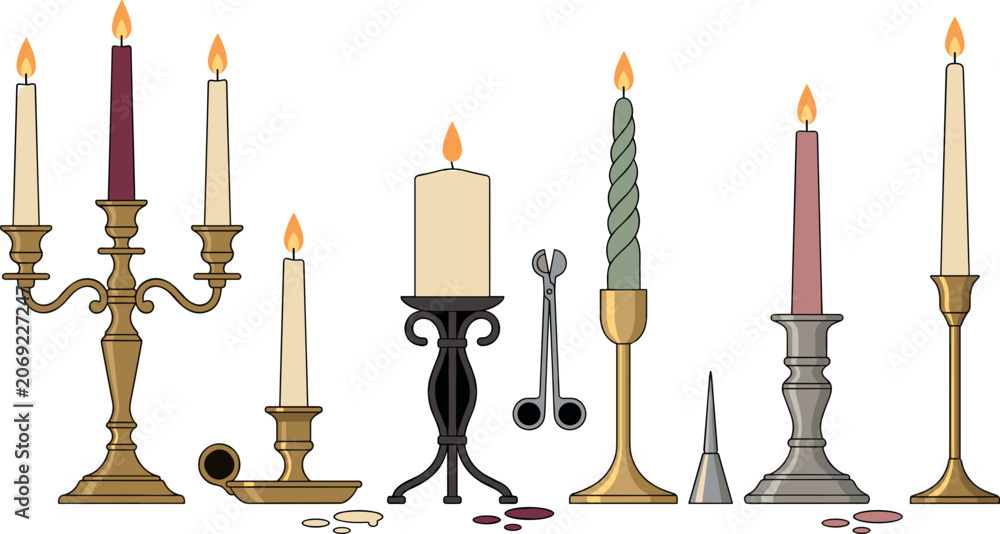 Fototapeta premium Vintage Candlestick and Candle Vector Set Featuring Elegant Brass Candelabra Pillars and Wick Trimmer for Cozy Home Decor and Romantic Dinner Designs