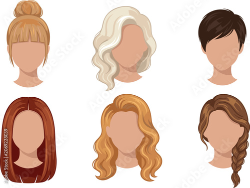 Modern Female Hairstyle Vector Illustration Set Featuring Blonde Bun, Wavy Red Hair, Short Pixie Cut, and Side Braid for Beauty Salon Avatar Designs
