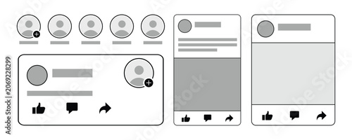 Social media interface mockup elements with profile avatars and post layout templates featuring interaction buttons like like comment and share for app design.