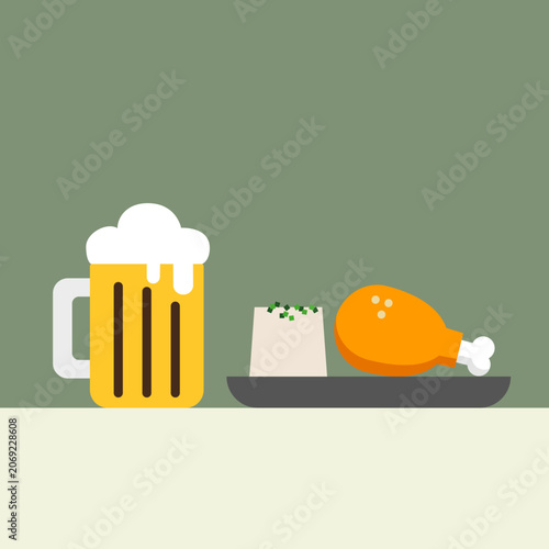 Depicting a meal consisting of a chicken leg with a small block of tofu and glass of beer.