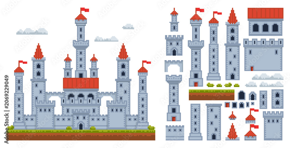 Naklejka premium Pixel fantasy castle constructor. Medieval towers, walls and fortress assets for platformer, rpg game design, 8 bit towers, walls, gates, roofs and flags, qualitative vector cartoon flat set