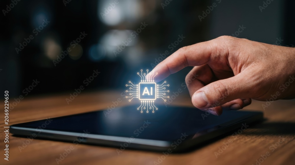 © Alena - Man touching virtual AI icon on tablet screen. Digital assistant and innovative machine learning technology concept. Automation software interface for modern data management and analysis.
