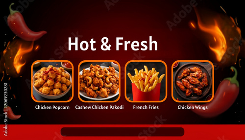 Food menu with chicken popcorn, fries, and wings .