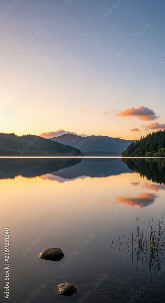 Fototapeta premium Serene Lake Reflection at Sunset with Mountain Silhouette.