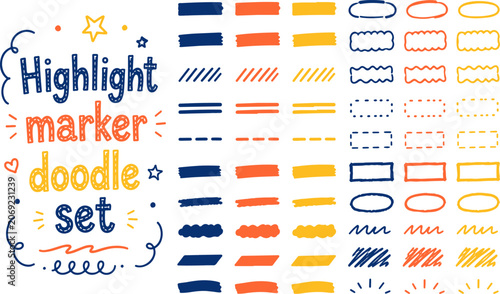 Highlight marker doodle set. Hand drawn collection of icons on a white background