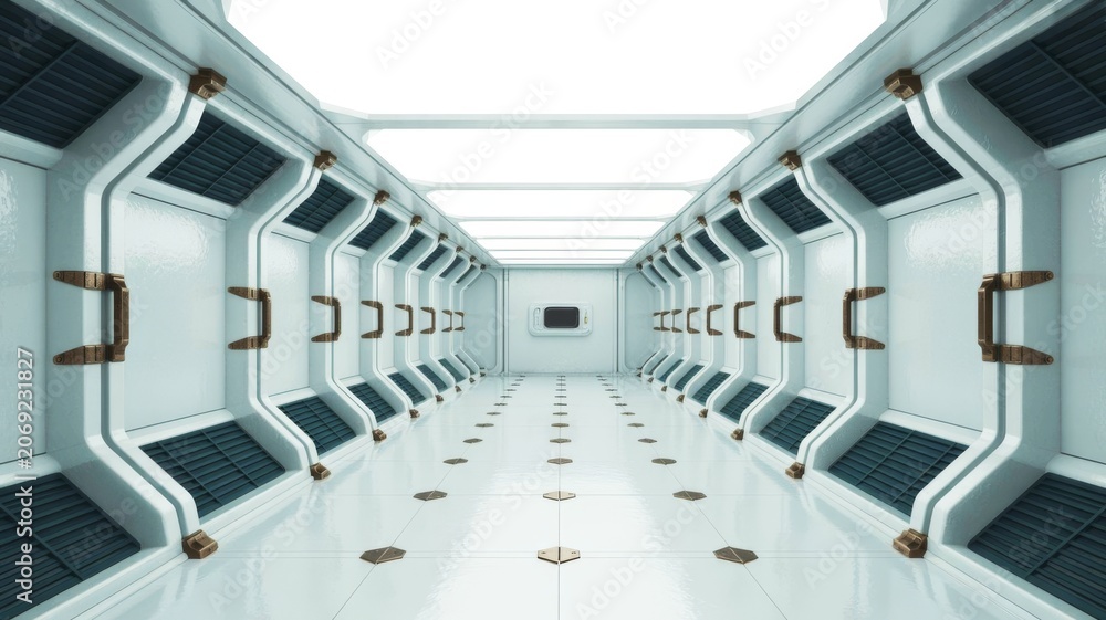 Obraz premium A futuristic, sterile corridor with white walls, blue vents, and a sleek design, suggesting a space or sci-fi environment.