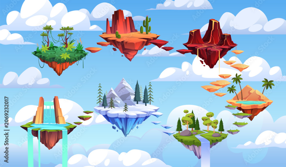 Obraz premium Fantasy floating islands. World with connected biomes, stylized game landscape featuring forest, desert, volcano, oasis, environment assets, level platforms tidy vector cartoon isolated set