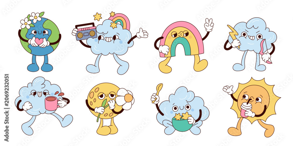 Obraz premium Cute weather mascots. Groovy cloud, sun, moon, rainbow and earth seasonal characters, kids cartoon stickers, positive emotions, decorative nature symbols, garish vector comic isolated set