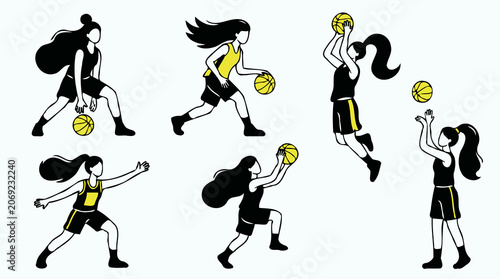 Female Basketball Players Dynamic Action Pattern in Black and Yellow Uniforms