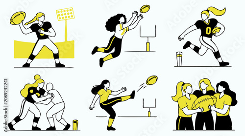 Active Women Playing American Football Seamless Pattern with Yellow Accents