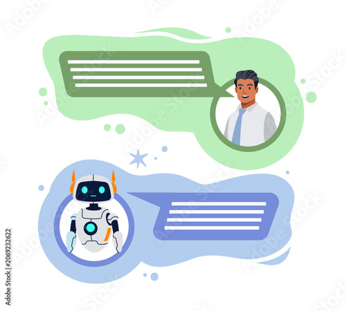 AI chatbot and human communication. Conversational interface, virtual assistant, customer support and automated messaging, online robotic help service, vector cartoon isolated concept