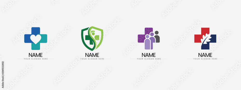 Fototapeta premium Collection of medical cross logos with heart leaf and human figures, healthcare