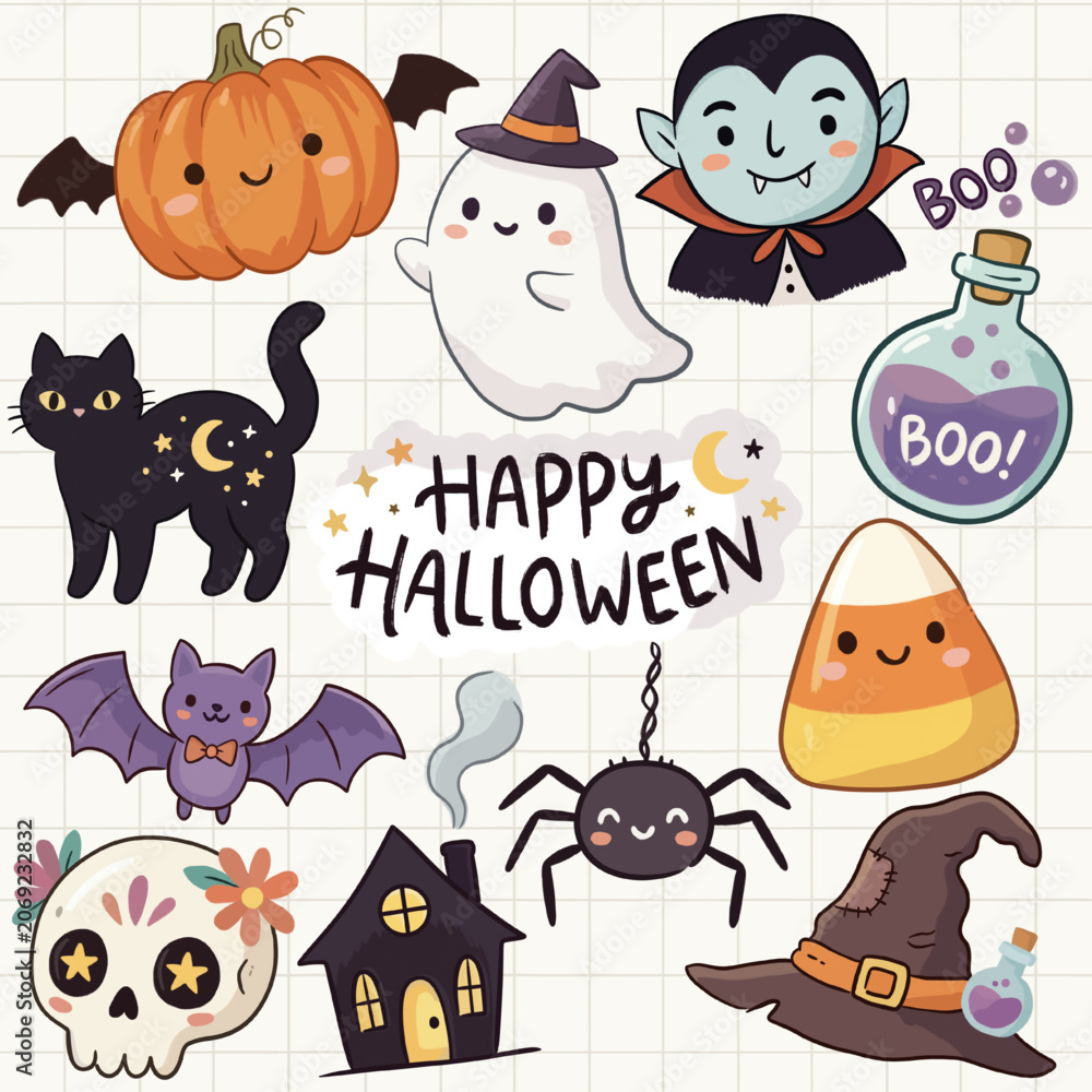 Fototapeta premium Cute Halloween Sticker Set with Ghost, Vampire, Pumpkin, and Magic Potion.