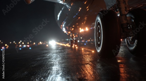 Detailed view of aircraft landing gear illuminated at night with a vibrant city skyline in the backdrop