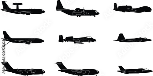 Fotografija Military aircraft silhouettes vector set featuring fighter jets cargo planes and