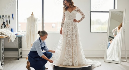 Seamstress fitting a bride in a beautiful wedding dress in a studio.