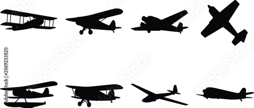 Photos Vintage airplane and light aircraft silhouette icons set for retro aviation and