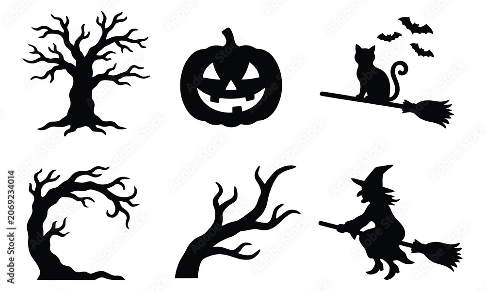 Fototapeta premium Halloween Spooky Elements and Characters Silhouette Set