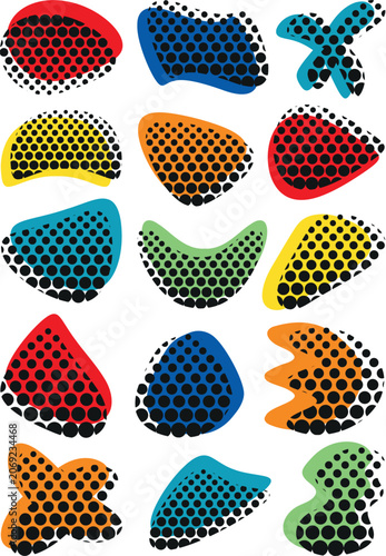 Set of abstract organic irregular shapes with color halftone raster, minimalist bright retro colorful vector blob collection isolated on transparent background