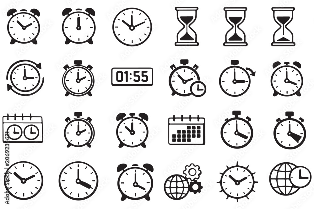 Fototapeta premium Time line icons set. Timer, alarm clock, wristwatch, smart watch, hourglass, schedule calendar vector illustration. Outline signs about notification. Editable Strok 