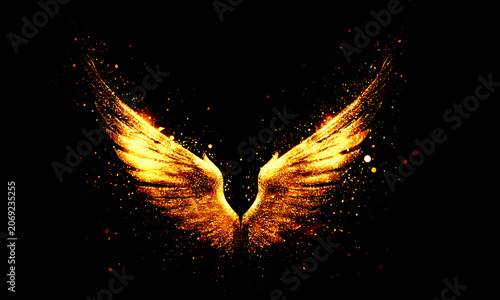Fotografie Majestic golden angel wings formed by countless glowing light particles expand across a dark void to create a powerful and mystical visual representation of celestial energy and divine freedom