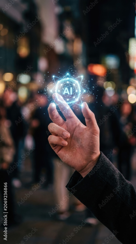 Fototapeta premium Man holding glowing digital artificial intelligence symbol above hand. Futuristic hologram icon for chatbot and automation technology. Innovative cyber network concept and connection data.