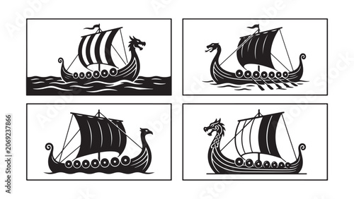 Cuadro en lienzo Collection of Traditional Viking Longship Silhouettes with Dragon Figureheads an