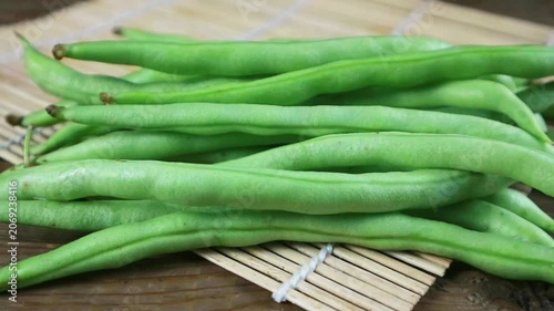 Fresh Green Bean rotation close up. Turning display