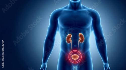 The translucent male torso silhouette with a glowing urinary bladder and kidneys featuring red target indicator for urological health analysis