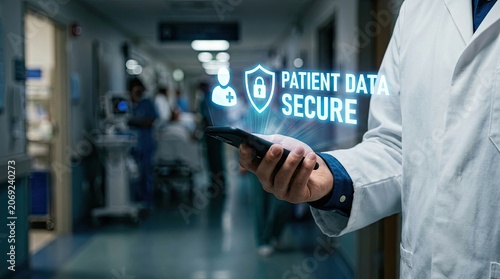 Doctor Holding Smartphone with Holographic Patient Data Security Icon in Hospital Corridor.