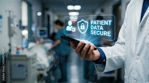 Doctor Holding Smartphone Displaying Secure Patient Data Hologram in Hospital Corridor.