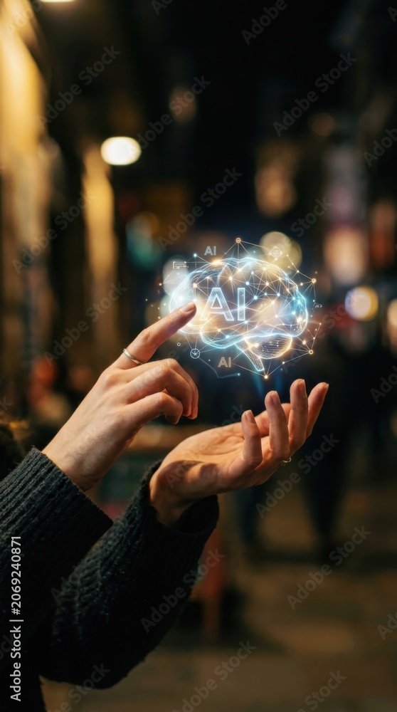 Fototapeta premium Woman touching digital brain hologram with artificial intelligence icon. Interactive neural network interface and virtual technology. Future automation and machine learning concept.