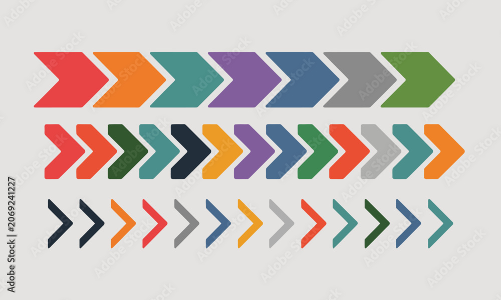 Fototapeta premium Colorful Chevron Arrows Arranged in Three Rows on White Background orange