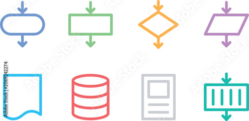 Foto Colorful flowchart symbol collection, workflow diagram icons, process shapes, da