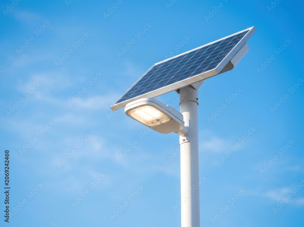 Obraz premium Solar street light with panel on pole during day. Sustainable outdoor LED lighting powered by sunlight. Green energy technology for eco friendly city infrastructure and environment.
