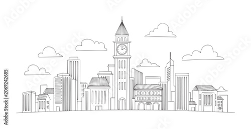 Black and white line of a city skyline with a clock tower buildings architecture