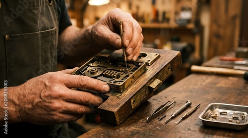 Closeup of a skilled locksmith repairing an antique brass door lock mechanism in a workshop, using precision tools to adjust the internal gears and springs