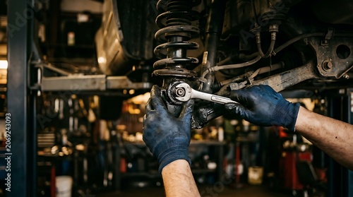 Closeup of a mechanics hands wearing blue gloves using a wrench to repair a car suspension system in an auto repair shop