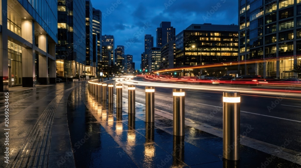 Fototapeta premium Modern city street at night with light trails from moving traffic. Skyscrapers and office buildings along a wet road with illuminated bollards. Urban metropolis and business travel concept.