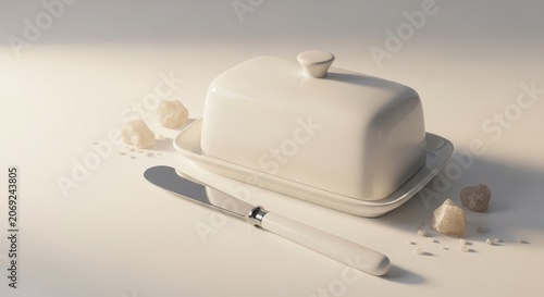 Butter dish with knife on table.