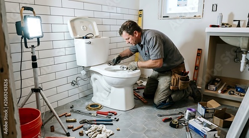 Professional plumber repairing a toilet in a modern bathroom renovation project with tools and equipment scattered on the floor