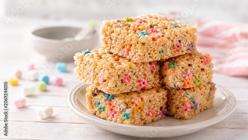 Stack of colorful marshmallow rice crispy treats with rainbow cereal bits on a plate