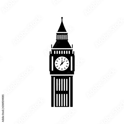 Masterpiece Big Ben icon featuring London's iconic clock tower in a balanced circular composition with architectural accents and a recognizable clock face. Premium black and white vector emblem ideal 