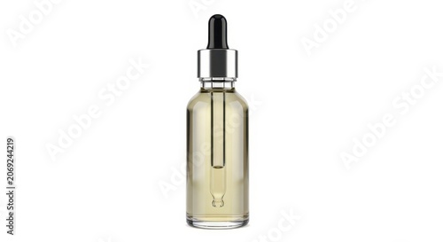 Glass bottle with yellow liquid dropper.