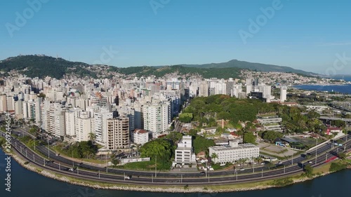 High Angle Aerial Shot of Florianopolis Beira Mar Norte Cityscape with Skyscrapers Public Park and Ocean Bay