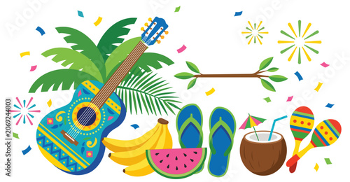 Canvastavla A vibrant summer party illustration featuring a decorated acoustic guitar, palm leaves, bananas, watermelon, flip-flops, a coconut drink, and maracas