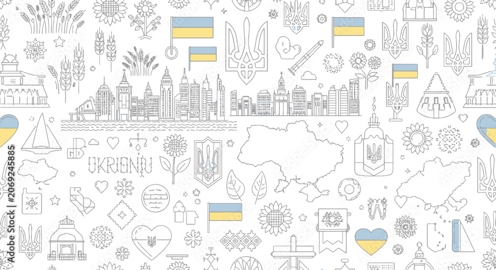 Fototapeta premium A detailed illustration featuring Ukrainian symbols, flags, and cityscapes against a white background.