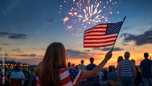 Young woman holding an American flag and watching fireworks at sunset with a crowd, celebrating Independence Day and national holiday for patriotism and community