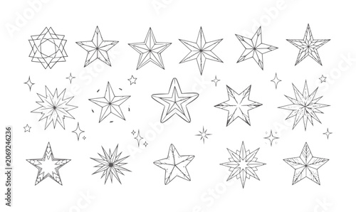Collection of hand drawn star shapes and sparkles in grey outline