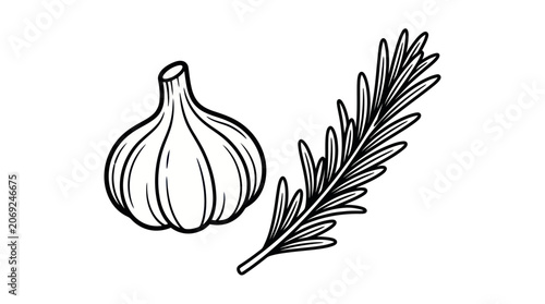 Garlic and Rosemary Line Art Clipart